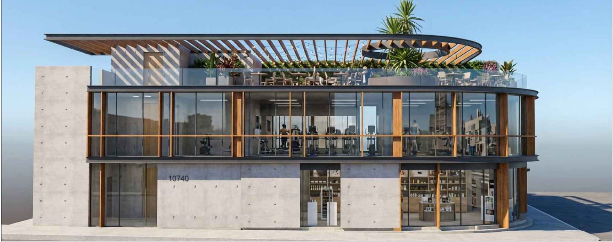 Design rendering of the 10740 Ventura Blvd front facade with rooftop dining terrace