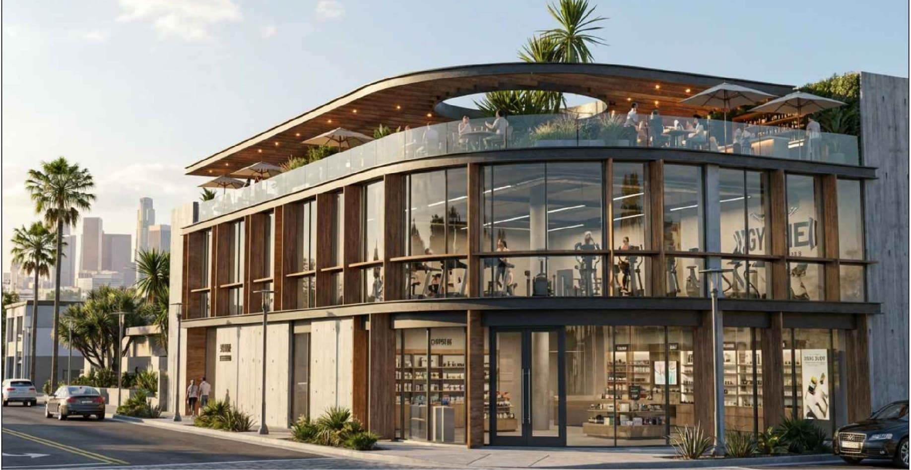 Design rendering of the 10740 Ventura Blvd corner with the Los Angeles skyline beyond